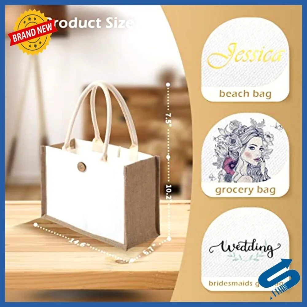 Natural Jute Tote Bags Reusable Waterproof Beach Shopping DIY Canvas